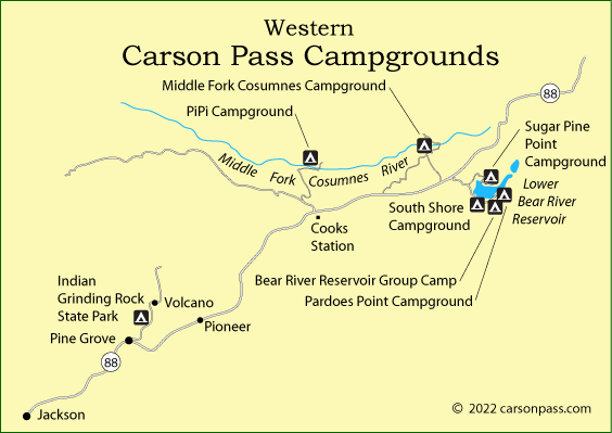 map of campgrounds along western Carson Pass, Highway 88, CA