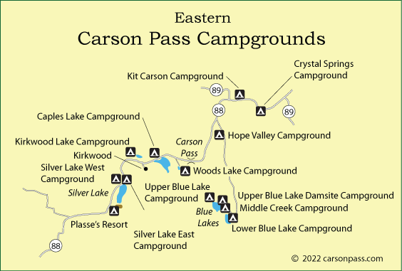 map of campgrounds along eastern Carson Pass, Highway 88, CA