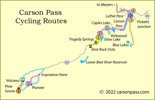 map of cycling routes on Carson Pass, CA