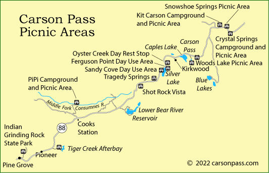 map of picnic sites on Carson Pass, CA