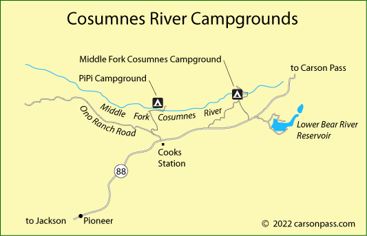 map of Cosumnes River campgrounds off Carson Pass, CA