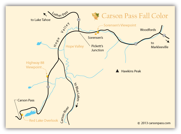 map of east side of Sonora Pass showing best places for viewing fall colors.