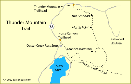 map of Thunder Mountain Trail at Silver Lake on Carson Pass, CA
